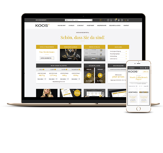 KOOS Kundenportal - großer Schmuck- und Investmentshop, Benutzerverwaltung und vieles mehr rund um die Uhr verfügbar.