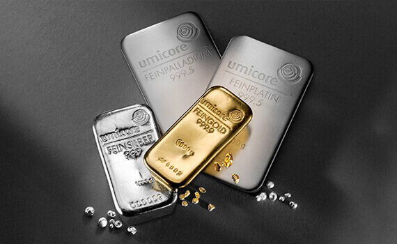KOOS bietet ein breites Sortiment für flexibles Investment. Die Feinheit und das Gewicht unserer Edelmetall-Barren werden garantiert durch das weltweit tätige Edelmetallunternehmen Umicore SA/NV mit Sitz in Belgien.